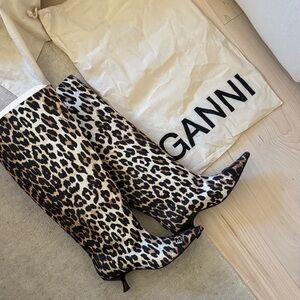 Ganni Leopard-Print Over-the-Knee Pointed Toe Boots - Brown/Cream/Black